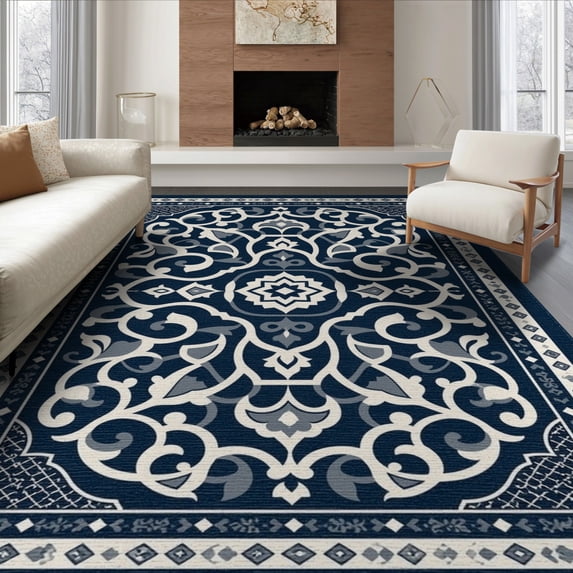 ODIKA 6'x9' Washable Area Rug Blue Cream Ornate Medallion Design Elegant Scrollwork with Intricate Borders for Family Room, Living Room, Master Bedroom, Non-Slip, Easy Care