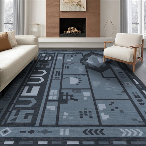 ODIKA 6'x9' Blue Geometric Charcoal Design Washable Area Rug Modern Abstract Pattern Style for Dining Room, Under Table, Office Décor, Non-Slip Chair-Friendly