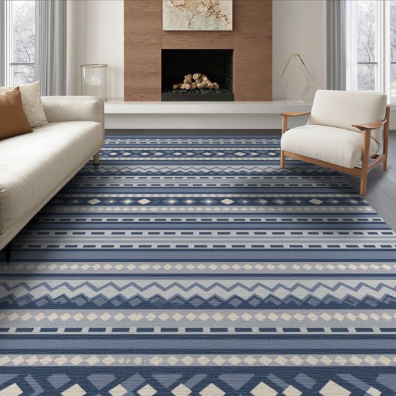 ODIKA 6'x9' Blue Geometric Handwoven Design Washable Area Rug Intricate Patterns with Hobnail Influence for Dining Room, Under Table, Office Décor, Non-Slip Chair-Friendly