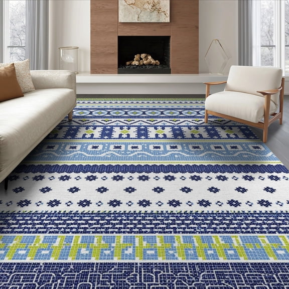 ODIKA 6'x9' Blue Green Nordic Cross Stitch Geometric Washable Area Rug Traditional Scandinavian Folk Art Embroidery for Family Room, Living Mater Bedroom, Non-Slip, Easy Care