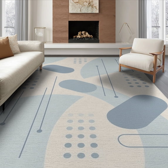 ODIKA 6'x9' Blue Ivory Geometric Modern Design Washable Area Rug Abstract Lines and Shapes with Accents for Family Room, Living Mater Bedroom, Non-Slip, Easy Care