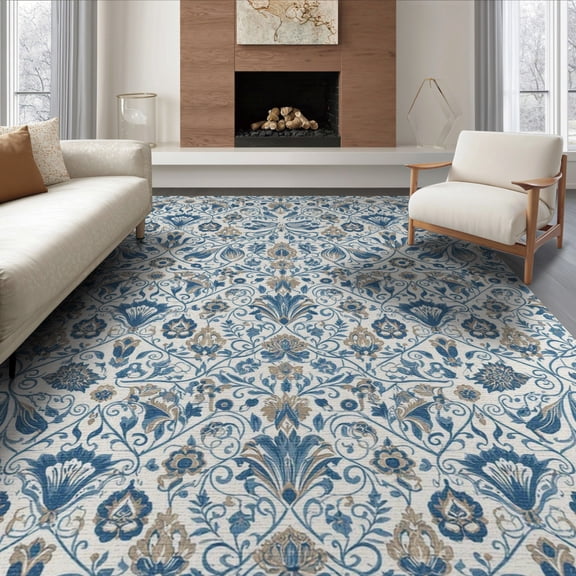 ODIKA 6'x9' Blue Ivory Victorian Damask Ornate Washable Area Rug Traditional Baroque Medallion Motifs With Intricate Floral Vine Scrolls Non-Slip, Easy Care, for Family Room, Living Mater Bedroom