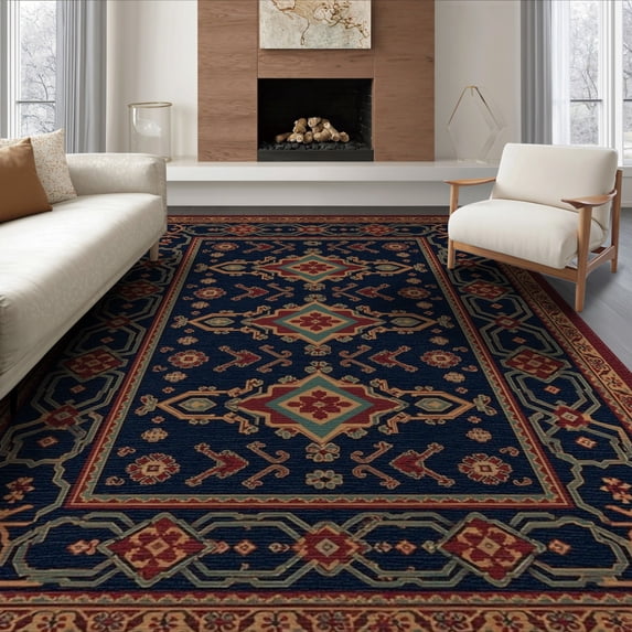ODIKA 6'x9' Washable Area Rug Blue Red Geometric Medallion Design Intricate Pattern with Elegant Borders for Family Room, Living Room, Master Bedroom, Non-Slip, Easy Care