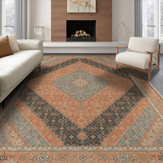 ODIKA 6'x9' Blue Terracotta Geometric Medallion Washable Area Rug Intricate Diamond Motif with Classic Border Non-Slip, Chair-Friendly, for Dining Room, Under Table, Office Décor