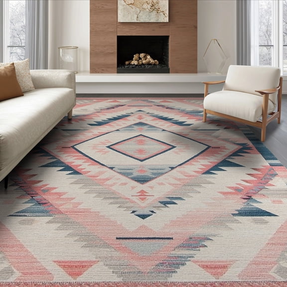 ODIKA 6'x9' Boho Southwestern Aztec Zigzag Border Geometric Motifs Distressed Washable Area Rug None for Queen Size Bedroom, Under Bed, Master Suite, Easy Care, Non-Shedding