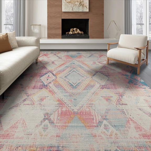 ODIKA 6'x9' Boho Southwestern Distressed Lattice Zigzag Stripes Geometric Washable Area Rug None Easy Care, Non-Shedding, for Queen Size Bedroom Under Bed Master Suite