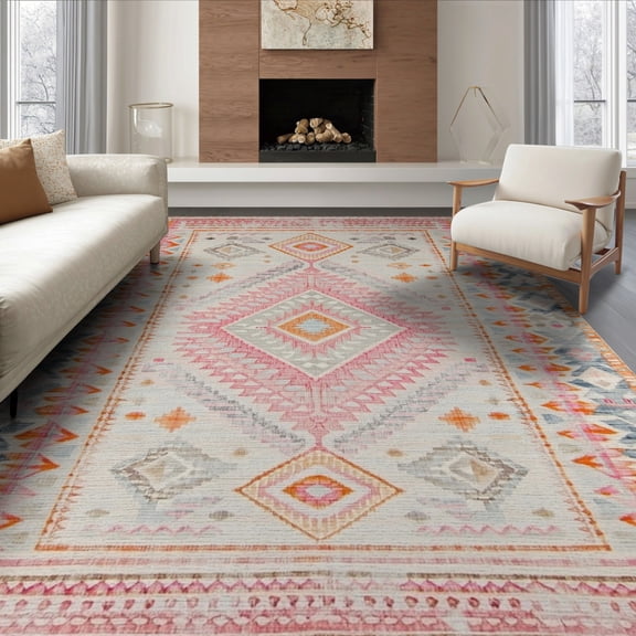 ODIKA 6'x9' Boho Southwestern Zigzag Geometric Motifs Aztec Border Distressed Washable Area Rug None for Family Room, Living Mater Bedroom, Non-Slip, Easy Care