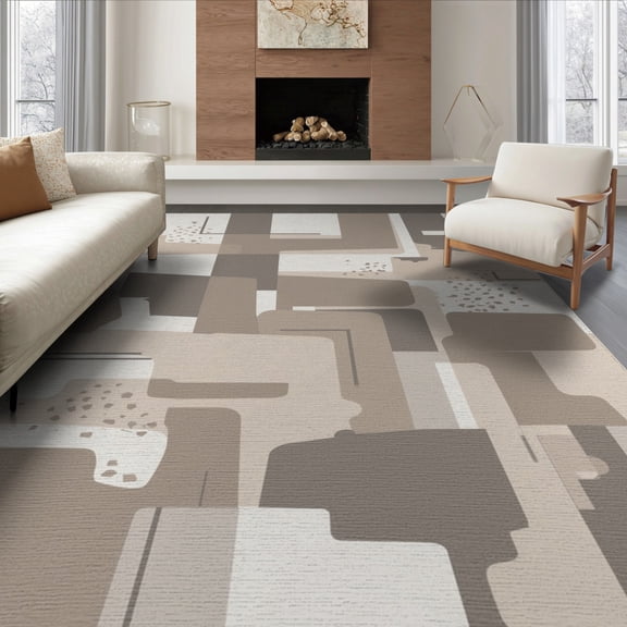 ODIKA 6'x9' Brown Beige Abstract Geometric Design Washable Area Rug Modern Rustic Aesthetic with Clean Lines Non-Slip, Easy Care, for Family Room, Living Mater Bedroom