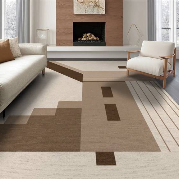ODIKA 6'x9' Brown Geometric Mid Century Design Washable Area Rug Abstract Pattern with Modern Borders Non-Slip, Easy Care, for Family Room, Living Mater Bedroom