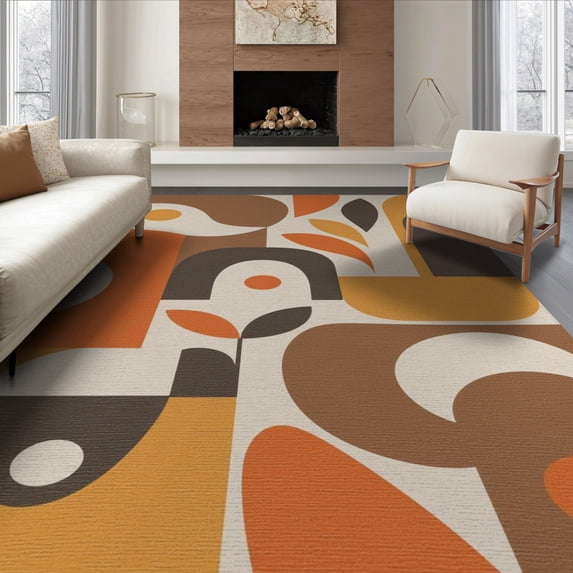 ODIKA 6'x9' Brown Orange Mid Century Modern Abstract Washable Area Rug Retro Geometric Pattern with 70s Flair for Dining Room, Under Table, Office Décor, Non-Slip Chair-Friendly