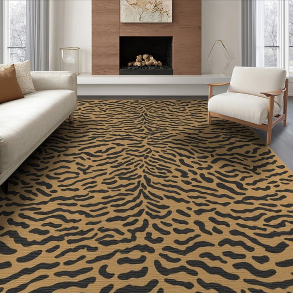 ODIKA 6'x9' Brown Yellow Abstract Tigre Pattern Washable Area Rug Dynamic Waves and Dots Motif Design Non-Slip, Chair-Friendly, for Dining Room, Under Table, Office Décor