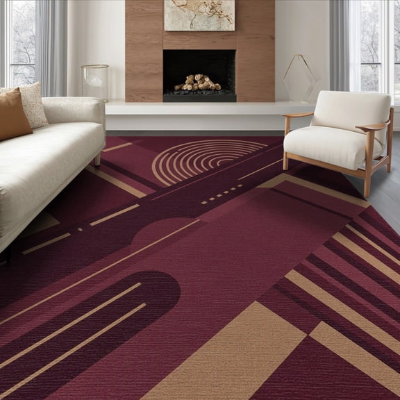 ODIKA 6'x9' Burgundy Art Geometric Washable Area Rug Modern Abstract Diagonal Striped Motif With Layered Architectural for Family Room, Living Mater Bedroom, Non-Slip, Easy Care
