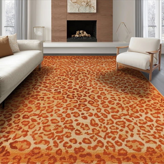 ODIKA 6'x9' Burnt Orange Cheetah Print Leopard Washable Area Rug Spotted Jungle Motif Botanical Scatter Wild Layout Non-Slip, Chair-Friendly, for Dining Room, Under Table, Office Décor