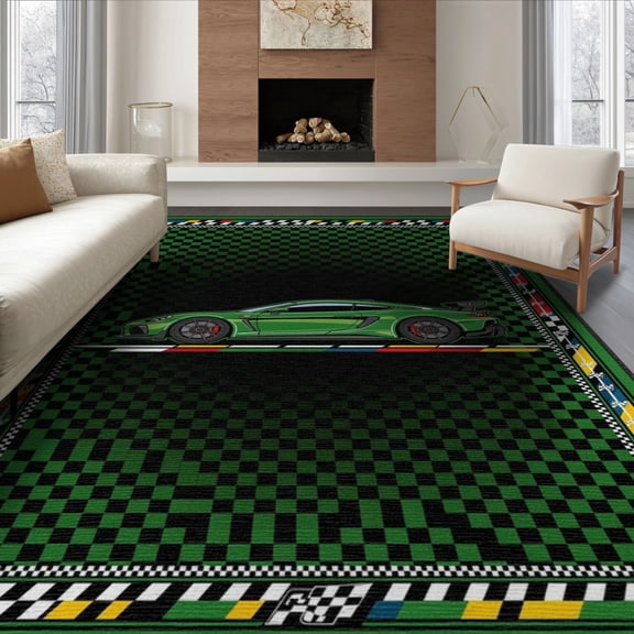 ODIKA 6'x9' Checkered Car Finish Motif Stripes Track Border Stripe Ombre Flowing Dynamic Washable Area Rug None Non-Slip, Chair-Friendly, for Dining Room, Under Table, Office Décor