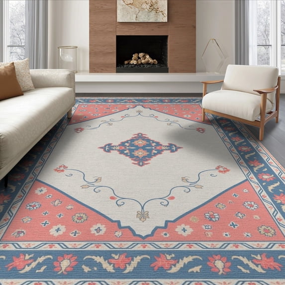 ODIKA 6'x9' Coral Blue Traditional Medallion Washable Area Rug Ornate Diamond Center Motif With Floral Border Non-Slip, Chair-Friendly, for Dining Room, Under Table, Office Décor