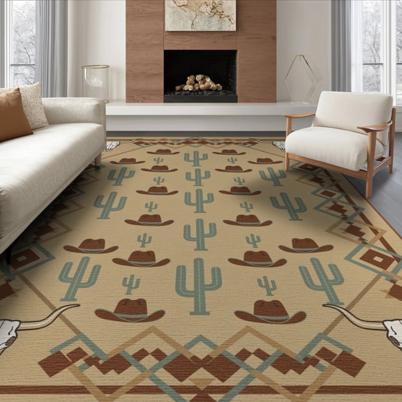 ODIKA 6'x9' Cowboy Cow Southwestern Longhorn Hat Emblems Interlocking Unicorn Washable Area Rug None for Queen Size Bedroom, Under Bed, Master Suite, Easy Care, Non-Shedding
