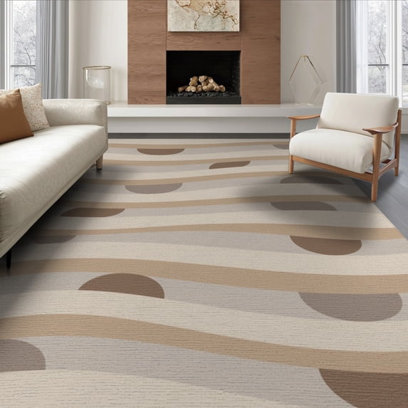 ODIKA 6'x9' Cream Beige Seaglass Waves and Circles Washable Area Rug Handwoven Modern Motif for Queen Size Bedroom, Under Bed, Master Suite, Easy Care, Non-Shedding