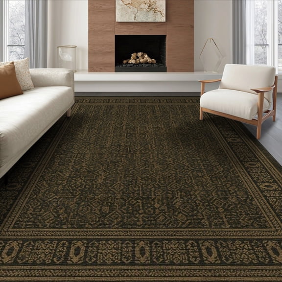 ODIKA 6'x9' Dark Brown Intricate Geometric Motifs Washable Area Rug With Ornate Border Design Ornamental Balanced Layout for Queen Size Bedroom, Under Bed, Master Suite, Easy Care, Non-Shedding
