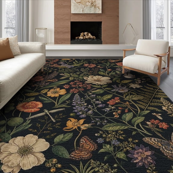 ODIKA 6'x9' Dark Floral Elegance with Lush Garden Washable Area Rug Vintage-Inspired Design Vibrant Botanicals Non-Slip, Chair-Friendly, for Dining Room, Under Table, Office Décor