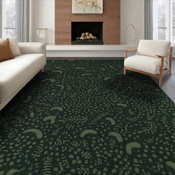 ODIKA 6'x9' Dark Green Abstract Moss Architectural Washable Area Rug Intricate With Influence Ornamental for Queen Size Bedroom, Under Bed, Master Suite, Easy Care, Non-Shedding