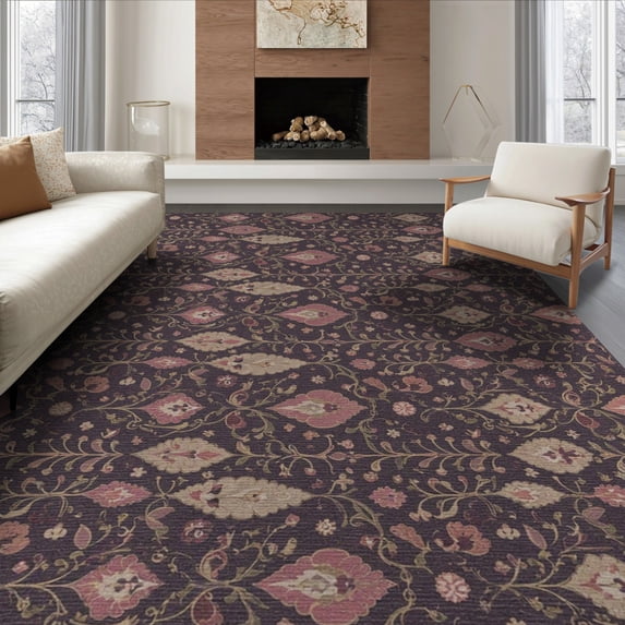 ODIKA 6'x9' Dark Purple Coral Burgundy Washable Area Rug Traditional Style Botanical Medallion Design With Intricate Scrollwork for Family Room, Living Mater Bedroom, Non-Slip, Easy Care