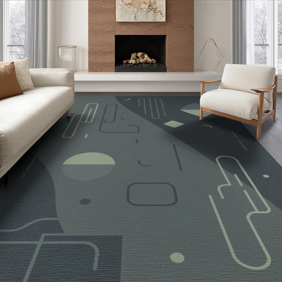 ODIKA 6'x9' Denim Multi Geometric Design Washable Area Rug Abstract Shapes with Modern Patterns Non-Slip, Easy Care, for Family Room, Living Mater Bedroom