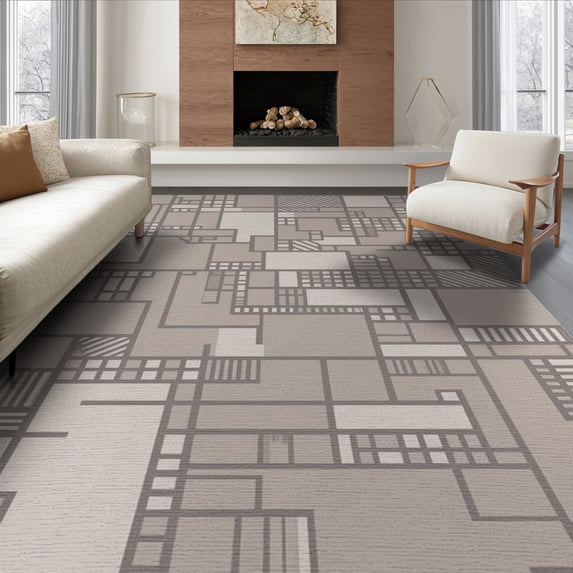 ODIKA 6'x9' Gray Beige Geometric Modern Design Washable Area Rug Intricate Abstract Pattern with Motifs Non-Slip, Easy Care, for Family Room, Living Mater Bedroom