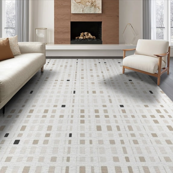 ODIKA 6'x9' Gray Beige Modern Geometric Grid Pattern Washable Area Rug Contemporary Abstract Rectangular Motif Layout Non-Slip, Easy Care, for Family Room, Living Mater Bedroom