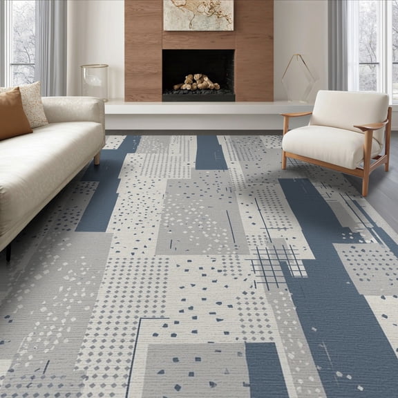 ODIKA 6'x9' Gray Blue Contemporary Geometric Patchwork Washable Area Rug Layered Diamond Dot Pattern Mixed Media Collage Non-Slip, Chair-Friendly, for Dining Room, Under Table, Office Décor