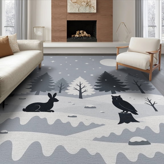 ODIKA 6'x9' Gray White Winter Forest Washable Area Rug Moonlit Evergreen Trees Snow Landscape Wildlife Non-Slip, Chair-Friendly, for Dining Room, Under Table, Office Décor