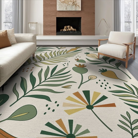 ODIKA 6'x9' Green Beige Earthy Botanical Design Washable Area Rug Elegant Floral Pattern with Leafy Motifs Easy Care, Non-Shedding, for Queen Size Bedroom Under Bed Master Suite
