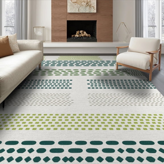ODIKA 6'x9' Green Beige Pattern Washable Area Rug Modern Geometric Machine Design for Family Room, Living Mater Bedroom, Non-Slip, Easy Care