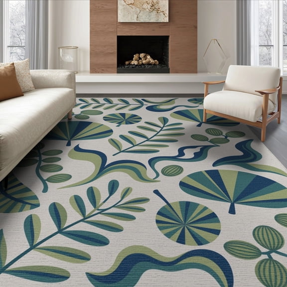 ODIKA 6'x9' Green Blue Tropical Botanical Leaves Washable Area Rug Modern Scandinavian Style Foliage Motifs Non-Slip, Chair-Friendly, for Dining Room, Under Table, Office Décor