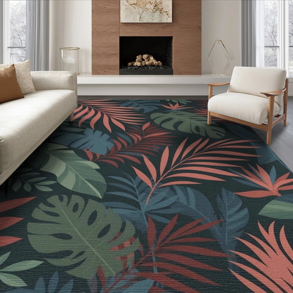 ODIKA 6'x9' Green Coral Exotic Leaf Harmony Design Washable Area Rug Elegant Botanical Patterns for Modern Decor Non-Slip, Easy Care, for Family Room, Living Mater Bedroom