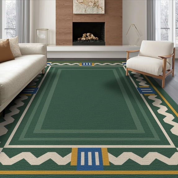 ODIKA 6'x9' Green Deep Mid-Century Stripes Washable Area Rug Geometric Border Design with Modern Flair for Family Room, Living Mater Bedroom, Non-Slip, Easy Care