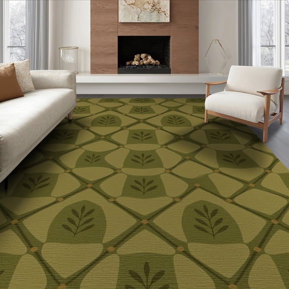 ODIKA 6'x9' Green Moss Geometric Leaf Pattern Washable Area Rug Elegant Art Inspired Design Non-Slip, Easy Care, for Family Room, Living Mater Bedroom