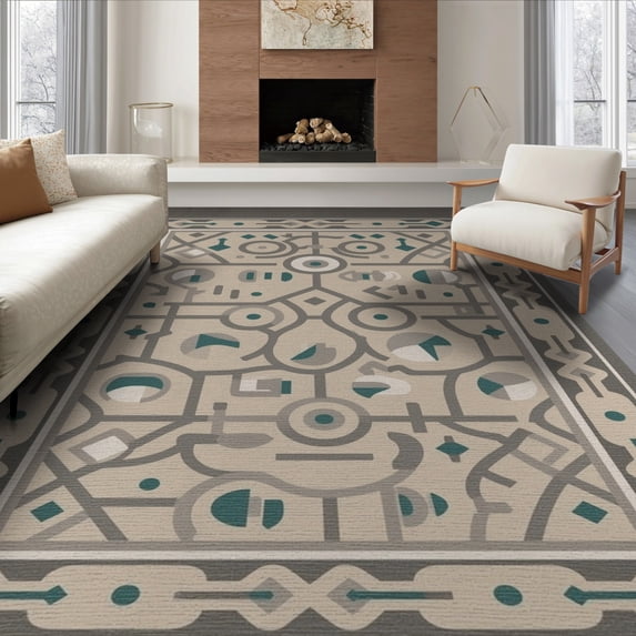 ODIKA 6'x9' Grey Teal Blue Geometric Design Washable Area Rug Intricate Abstract Pattern with Stone Motif for Dining Room, Under Table, Office Décor, Non-Slip Chair-Friendly