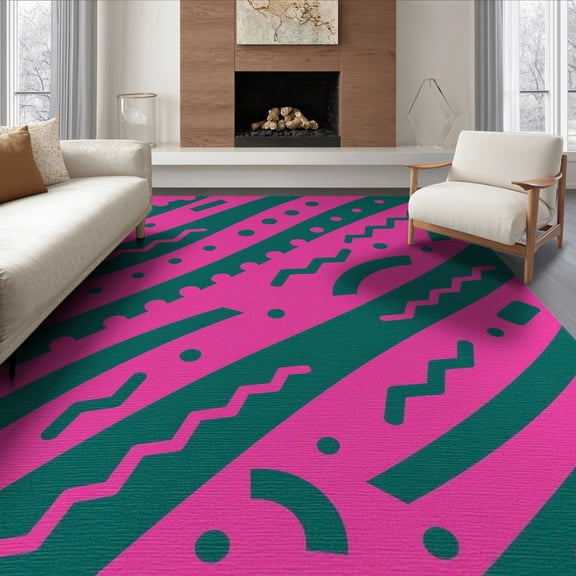 ODIKA 6'x9' Hot Pink Diagonal Striped Washable Area Rug Bold Contemporary Abstract Geometric With Zigzag Lines Dots Curved for Family Room, Living Mater Bedroom, Non-Slip, Easy Care