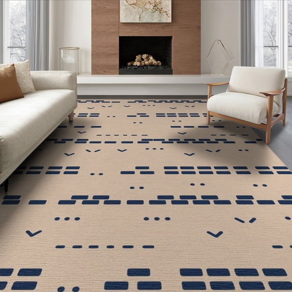 ODIKA 6'x9' Indigo Geometric Handwoven Ticking Washable Area Rug Modern Abstract Pattern with Unique Motifs for Dining Room, Under Table, Office Décor, Non-Slip Chair-Friendly