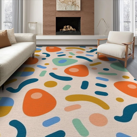 ODIKA 6'x9' Washable Area Rug Ivory Abstract Painted Stripes Dynamic Geometric Shapes with Playful Patterns for Family Room, Living Room, Master Bedroom, Non-Slip, Easy Care