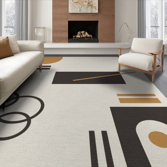 ODIKA 6'x9' Ivory Brown Contemporary Geometric Washable Area Rug Modern Minimalist Architectural With Overlapping Circles for Family Room, Living Mater Bedroom, Non-Slip, Easy Care