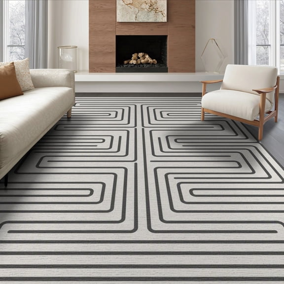 ODIKA 6'x9' Ivory Geometric Maze Washable Area Rug Modern Labyrinth Design With Intricate Motifs Non-Slip, Chair-Friendly, for Dining Room, Under Table, Office Décor