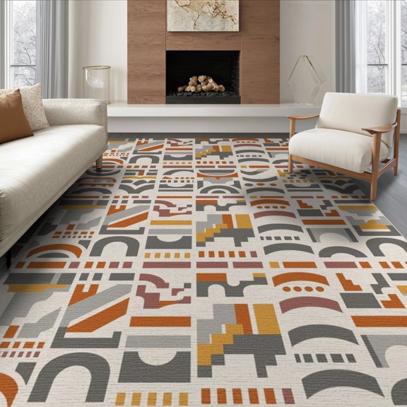 ODIKA 6'x9' Ivory Gray Geometric Sunset Design Washable Area Rug Modern Abstract Pattern with Bold Shapes for Dining Room, Under Table, Office Décor, Non-Slip Chair-Friendly