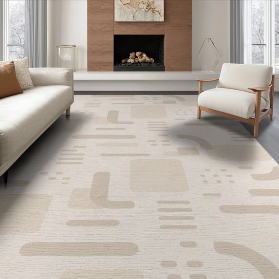 ODIKA 6'x9' Ivory Modern Geometric Pattern Washable Area Rug Contemporary Minimalist Rounded Rectangle Motif Non-Slip, Easy Care, for Family Room, Living Mater Bedroom