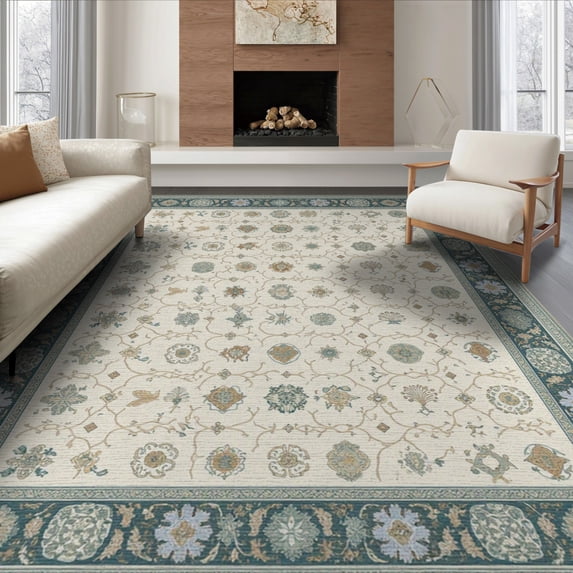 ODIKA 6'x9' Ivory Sage Traditional Medallion Washable Area Rug Classic Geometric Floral Motifs Vintage Decorative Design for Family Room, Living Mater Bedroom, Non-Slip, Easy Care