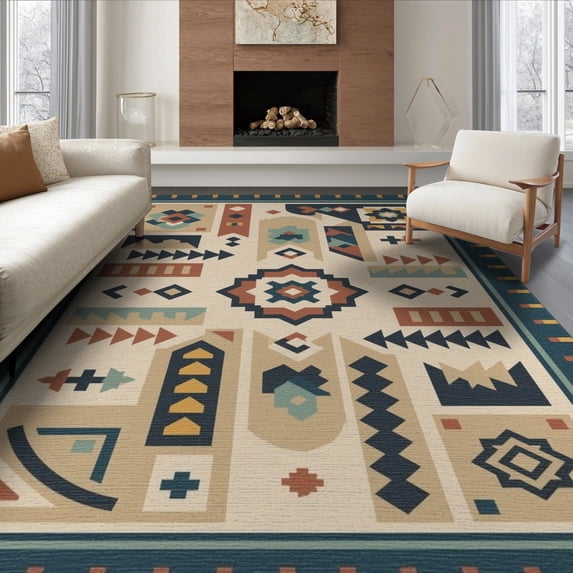 ODIKA 6'x9' Washable Area Rug Non-Slip, Easy Care, Ivory Spice Geometric Medallion Patchwork Traditional Southwestern Block Pattern for Family Room, Living Room, Master Bedroom