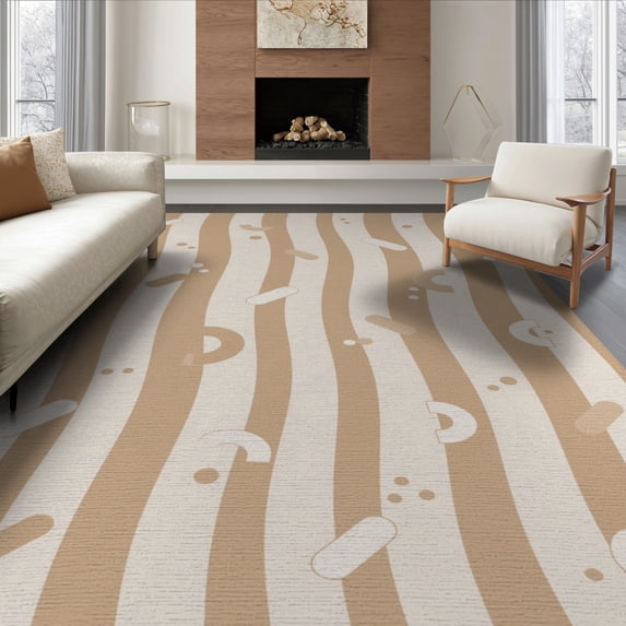 ODIKA 6'x9' Khaki Cream Wavy Abstract Design Washable Area Rug Playful Geometric Stripes with Modern Flair for Dining Room, Under Table, Office Décor, Non-Slip Chair-Friendly