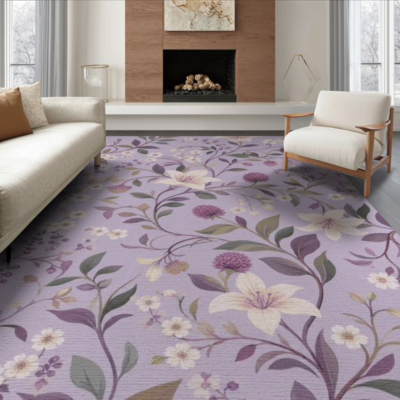 ODIKA 6'x9' Lavender Floral Elegance with Crocus Petal Washable Area Rug Elegant Blossom and Leaf Design for Modern Decor Non-Slip, Chair-Friendly, for Dining Room, Under Table, Office Décor