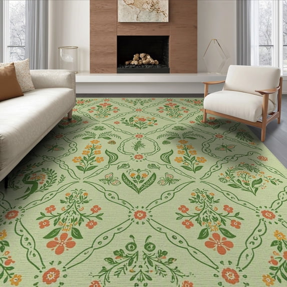ODIKA 6'x9' Light Green Botanical Floral Diamond Washable Area Rug Traditional Symmetrical Motifs With Ornate Vine Scrollwork And Decorative Non-Slip, Easy Care, for Family Room, Living Mater Bedroom