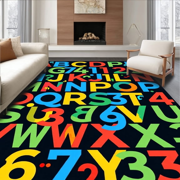 ODIKA 6'x9' Machine Washable Non-Slip Area Rug, Alphabet Learning Grid with Numbers and Letter Recognition Symbols High Traffic Rug, Blue, 816219